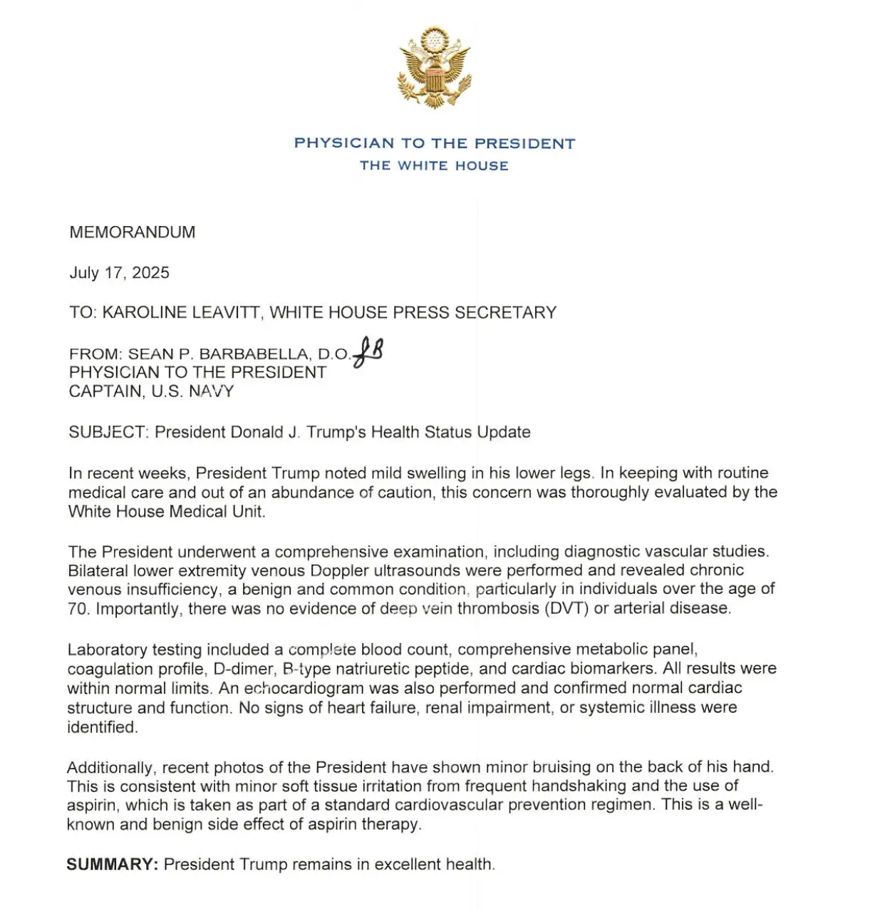 The White House Office of Communications released a letter from President Donald Trump’s physician on July 17, 2025. 
