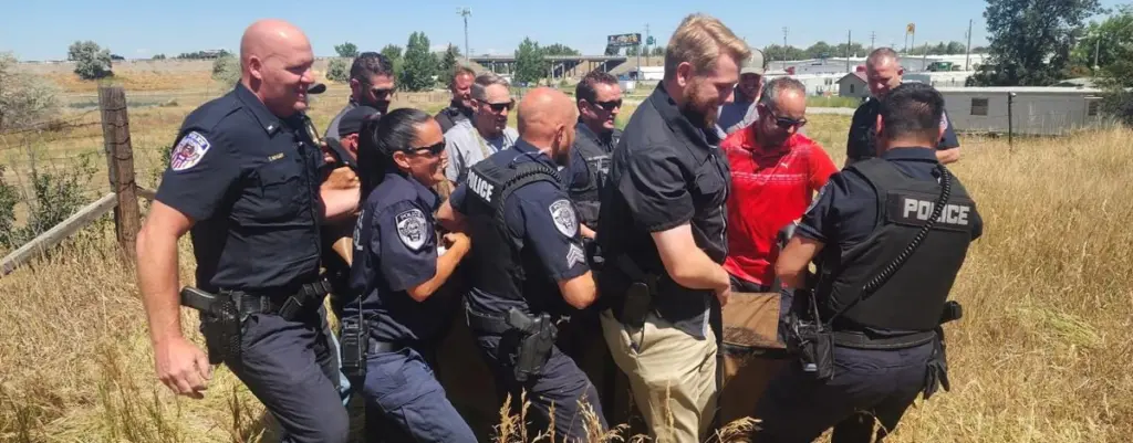 A yearling moose is barely visible as it is carried by City of Blackfoot police and animal control officers, Idaho Fish and Game personnel, and local Blackfoot residents to a trailer for transport out of town. On July 23, this moose and one other yearling moose were tranquilized and removed from a busy business center in Blackfoot and then relocated to suitable habitat away from people.