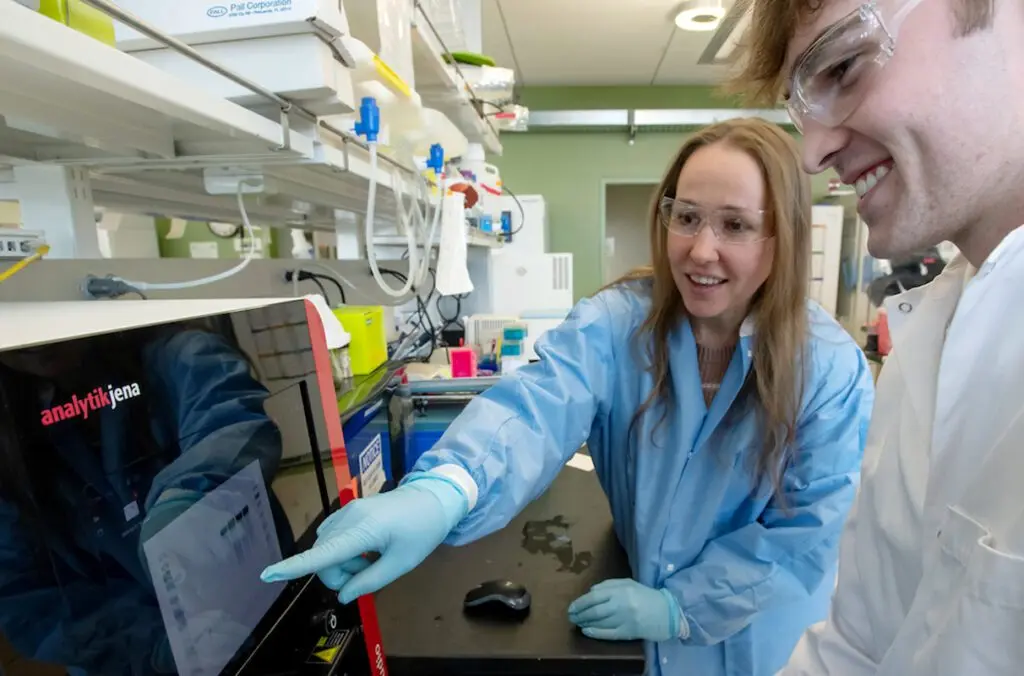 Brayden Olsen, an undergraduate microbiology student, right, works in a research lab as Heather Koehler, left, an assistant professor in the School of Molecular Biosciences in WSU's College of Veterinary Medicine, looks on, Thursday, March 7, 2024, in Pullman. (Photo by College of Veterinary Medicine/Ted S. Warren)