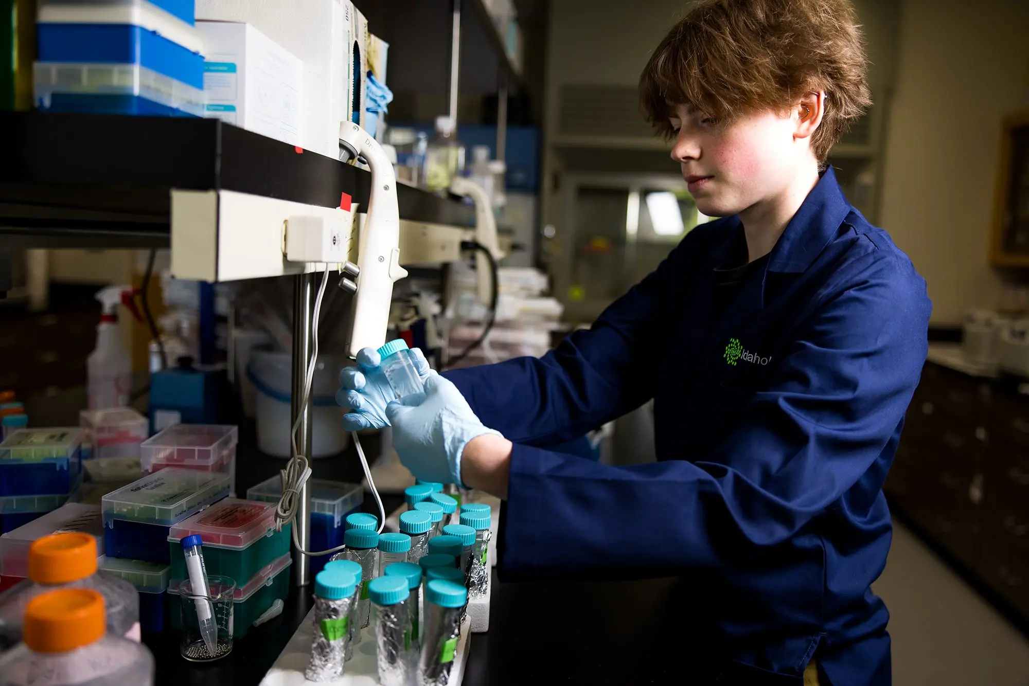 Skylar Sheppard, a North Idaho College student from Pinehurst majoring in chemistry and biology, conducts research as part of the Idaho INBRE program.