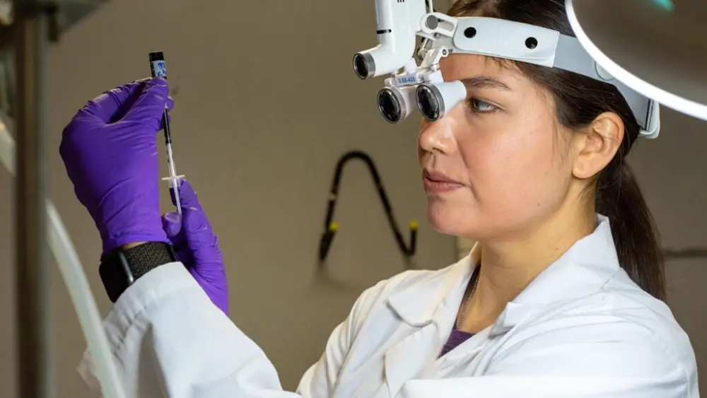 Stephanie Blair, a PhD student at WSU's Puyallup Research & Extension Center, works in the lab on a study examining the causes of coho salmon die-offs in Puget Sound area streams. (Photo by Jason Berg, Washington Stormwater Center)