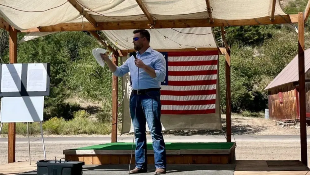Idaho state Sen. Ben Adams, R-Nampa, introduces a proposed amendment to the Idaho Constitution that prevents the state from selling future public lands it obtains from the federal government. (Clark Corbin/Idaho Capital Sun)