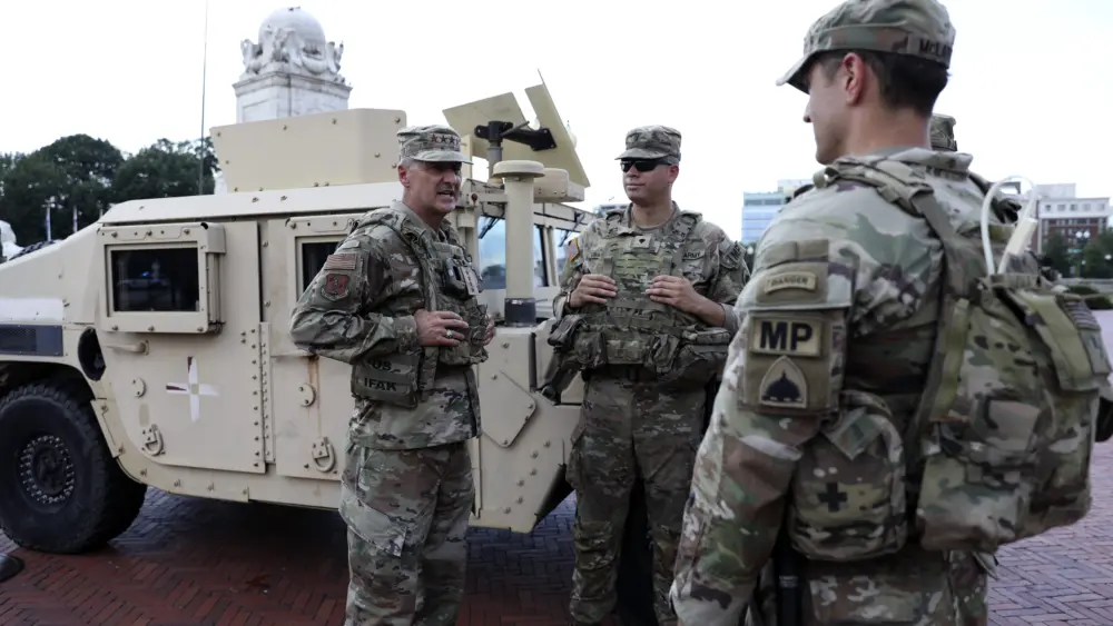 Air Force Gen. Steve Nordhaus, chief, National Guard Bureau, meets with Soldiers of the District of Columbia National Guard working as part of Joint Task Force - D.C., Washington, D.C., Aug. 14, 2025. Approximately 800 National Guard service members comprise JTF-DC to support the D.C. Safe and Beautiful Task Force. These Soldiers provide critical support, such as crowd management, presence patrols, and perimeter control in support of law enforcement. (U.S. Army National Guard photo by Master Sgt. Zach Sheely)
