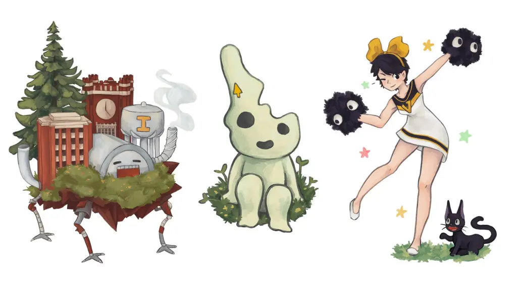 Photo credit: University of Idaho — AsiaPOP! Studio Ghibli mascots Green’s Moving Castle, Idama, and Tojo Vandal, designed by U of I student Nikki Rhodes.