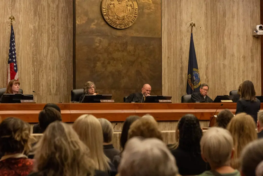 The Idaho Supreme Court listens to arguments in this April 25, 2025, file photo. (Kyle Pfannenstiel/Idaho Capital Sun)