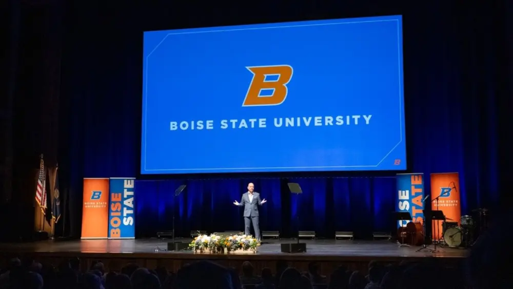 Jeremiah Shinn, Boise State University’s interim president, gives the State of the University address at the Morrison Center on Wednesday.