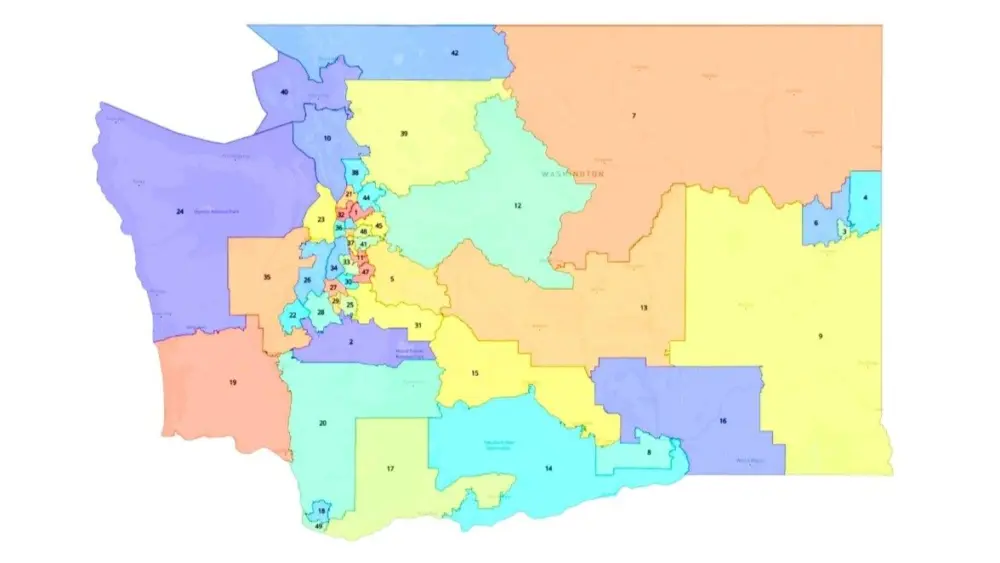 The new legislative district map for Washington state, with the redrawn boundaries for the 15th district.