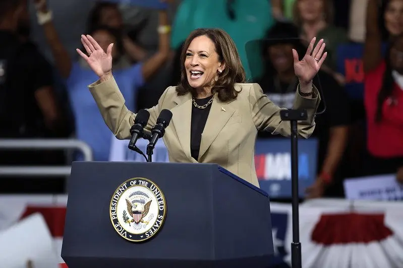 Vice President of the United States Kamala Harris speaking at a campaign rally at Desert Diamond Arena in Glendale, Arizona.