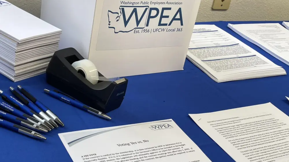 Members of Washington Public Employees Association did not receive a pay hike in July as other state workers did because their contract did not get funded in the budget. They are now voting on new agreements that would get them pay hikes. (Photo by Jerry Cornfield/Washington State Standard)
