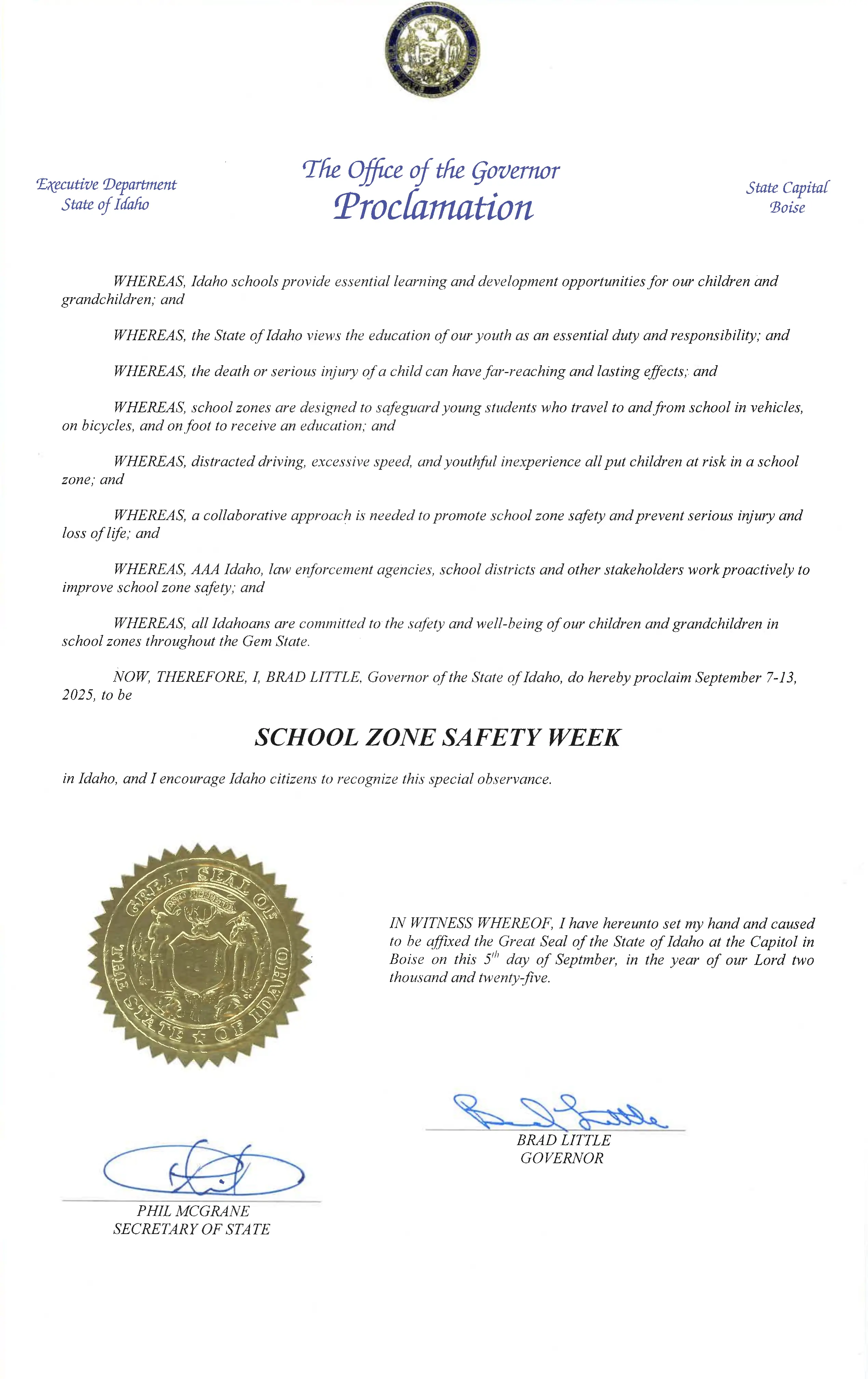Brad Little Proclamation