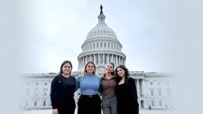 TRIO scholars Evelyn Alexis Castro Barrera (left), Andrea Ceballos Rodgriguez (middle, blue shirt), Ruqaya Mushtak Talib (middle, brown shirt), and Sabrina Copeland (right) represented the Council for Opportunity in Education while attending the Policy Seminar Conference (photo by TRIO/WSU).