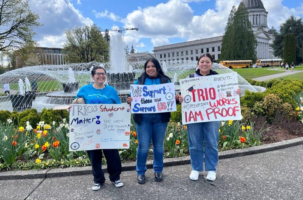 TRIO scholars Yudit Gonzalez (left), Denise Silverio (middle), and Rachel Castaneda (right) showed their support of TRIO while attending the Civil Leadership Conference in Olympia (photo by TRIO/WSU).