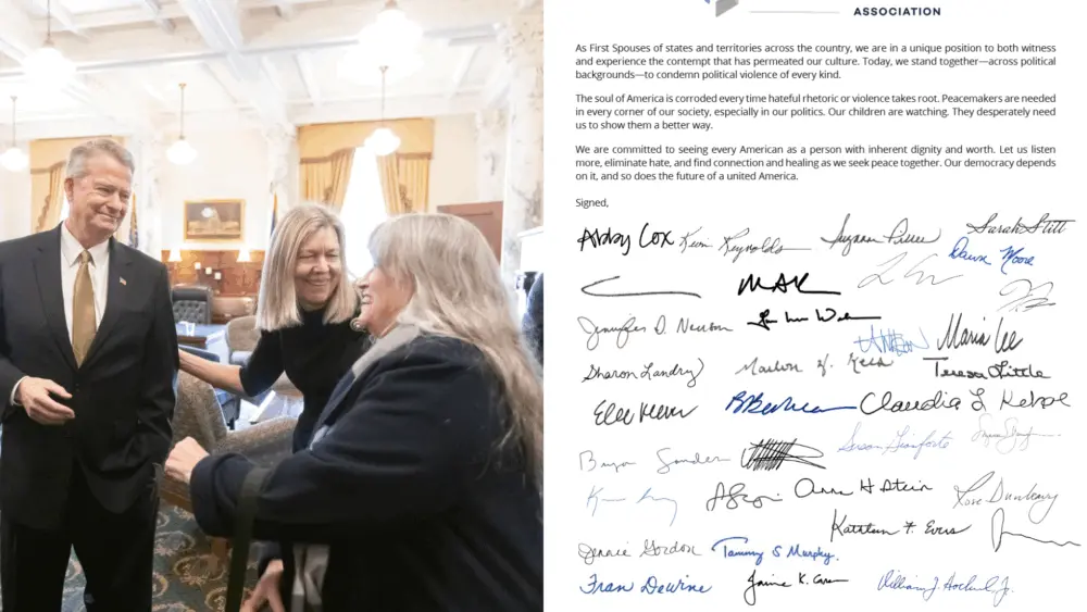 Idaho Gov. Brad Little and his wife, Teresa Little, center, greets supporters in his ceremonial office after he is sworn in for his second term on Jan. 6, 2023. (Otto Kitsinger for Idaho Capital Sun)