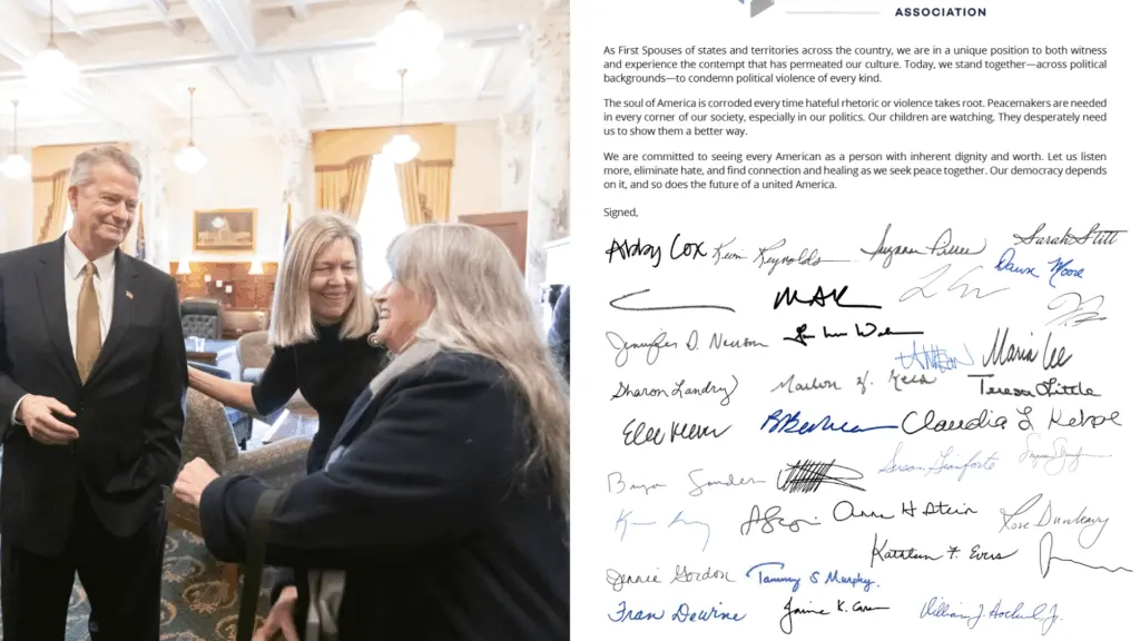 Idaho Gov. Brad Little and his wife, Teresa Little, center, greets supporters in his ceremonial office after he is sworn in for his second term on Jan. 6, 2023. (Otto Kitsinger for Idaho Capital Sun)