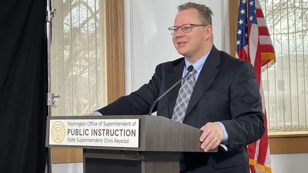 Washington Superintendent of Public Instruction Chris Reykdal, seen here in January 2025, is beginning to outline his funding asks for the 2026 legislative session, including one to support expanded artificial intelligence technology in schools. (Photo by Jerry Cornfield/ Washington State Standard)