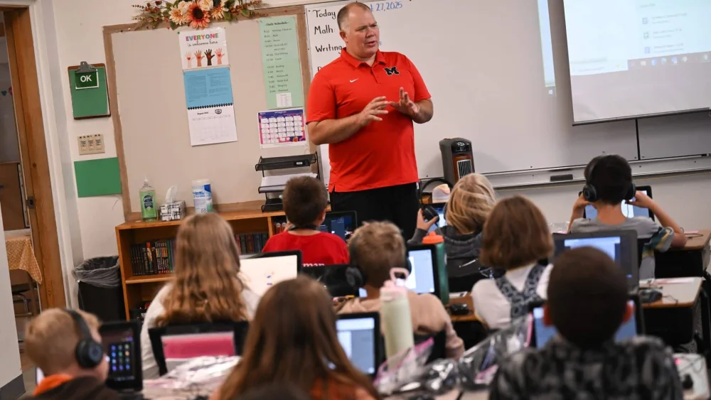 Moscow Superintendent Shawn Tiegs speaks to a class during the first day of school on Wednesday, Aug. 27, 2025,