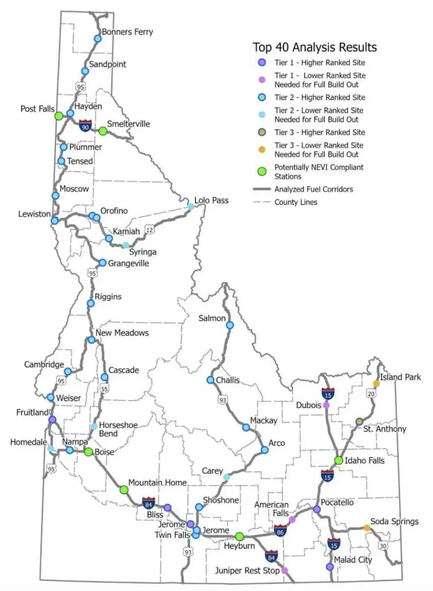 The identified locations are potential sites for electric vehicle charging stations, but they are not finalized until after the state analyzes applications from stakeholders. (Map courtesy of Idaho NEVI Formula Program’s “Siting, Feasibility, and Access Study”)