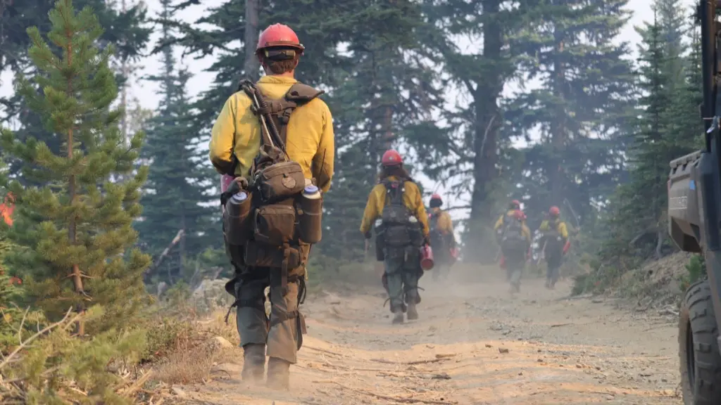 Photo Credit: NW2 PIO Ranger Peelee contributed this image of Montana’s Bitterroot Hotshots hiking along the fireline during the Lower Sugarloaf Fire 2025.