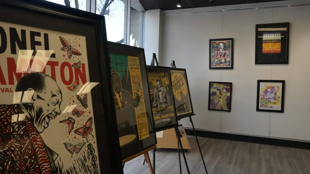Photo Credit: University of Idaho — Historic Jazz Fest posters displayed at the Moscow Chamber of Commerce and Visitors Center during art walk.