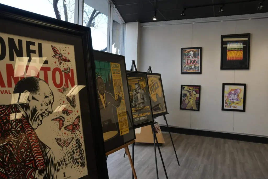 Photo Credit: University of Idaho — Historic Jazz Fest posters displayed at the Moscow Chamber of Commerce and Visitors Center during art walk.