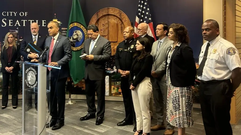 Washington state Attorney General Nick Brown speaks at a press conference alongside Seattle Mayor Bruce Harrell and other local officials on Monday, Sept. 29, 2025, at Seattle City Hall. (Photo by Jake Goldstein-Street/Washington State Standard)