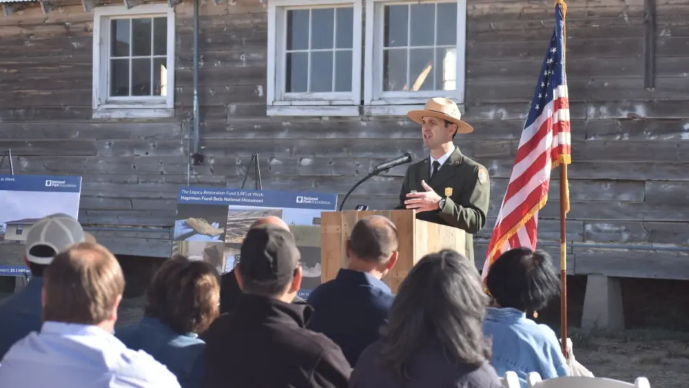 Wade Vagias, superintendent of southern Idaho parks, speaks Friday during groundbreaking ceremonies announcing new renovation projects funded by the Great American Outdoors Act at Minidoka National Historic Site. (Photo courtesy of National Park Service)