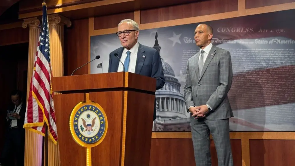 Senate Minority Leader Chuck Schumer, left, and House Minority Leader Hakeem Jeffries, both New York Democrats, speak to reporters Sept. 29, 2025, at the U.S. Capitol in Washington, D.C. (Photo by Shauneen Miranda/States Newsroom)