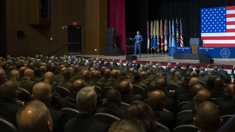 Secretary of War Pete Hegseth delivers remarks during a War Department address at Marine Corps Base Quantico, Va., Sept. 30, 2025. - Photo Credit: Navy Petty Officer 2nd Class Aiko Bongolan, Department of War