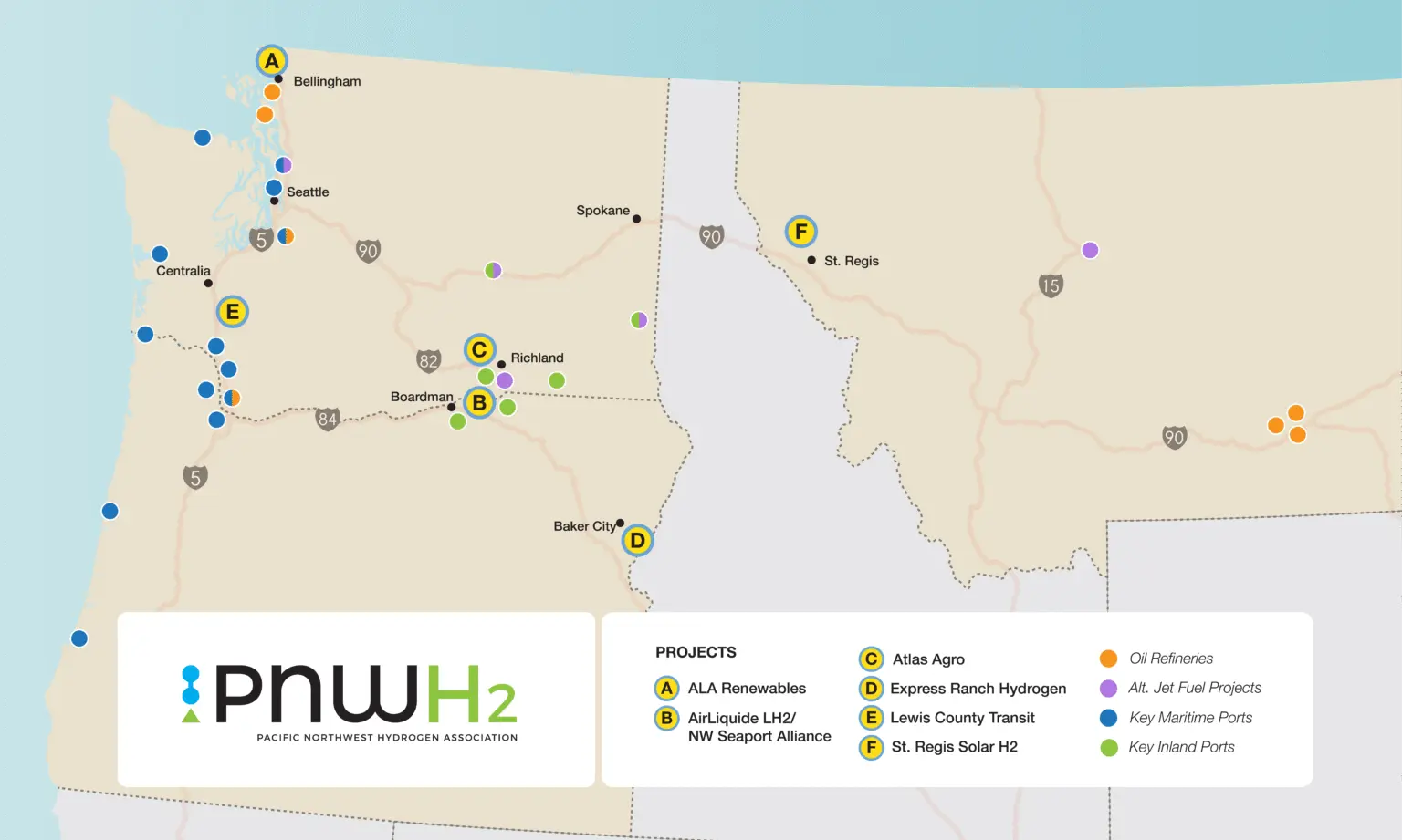 The Pacific Northwest Hydrogen Hub had six project “nodes” at the time the Trump administration terminated its federal funding. (Courtesy of PNWH2 Hub)