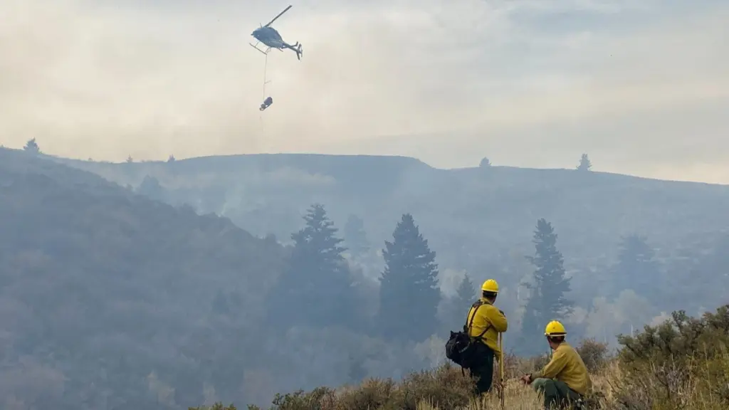 Two firefighters monitor fire behavior as a helitorch lights the interior of a prescribed fire burn unit during the 2019 Yellowjacket Prescribed Burn on the Minidoka Ranger District of the Sawtooth National Forest. (Photo courtesy of U.S. Forest Service)