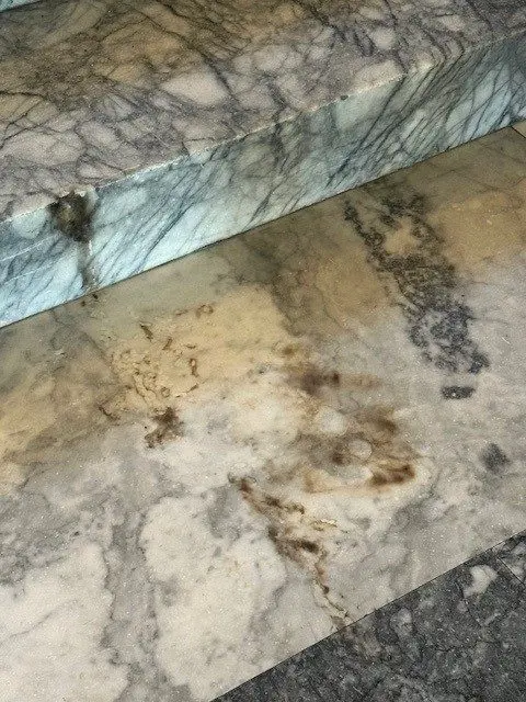 Burn marks stain marble flooring and steps inside the Washington State Capitol following a vandalism incident under investigation by authorities. Photo Credit: Washington State Department of Enterprise Services