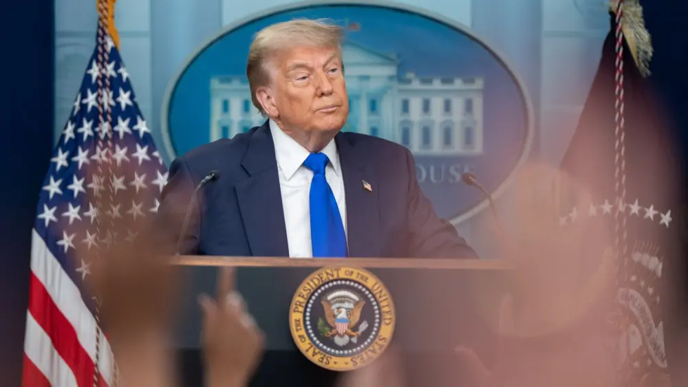 President Donald Trump speaks at a press conference in the James S. Brady Press Briefing Room at the White House in Washington, June 27, 2025. Photo: Abe McNatt / Official White House Photo via Flickr / United States Government Work