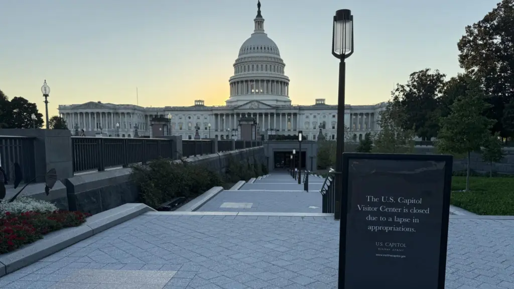 A sign advising that the Capitol Visitors Center in the U.S. Capitol is closed, in Washington, D.C., is pictured on Oct. 1, 2025. (Photo by Jennifer Shutt/States Newsroom)