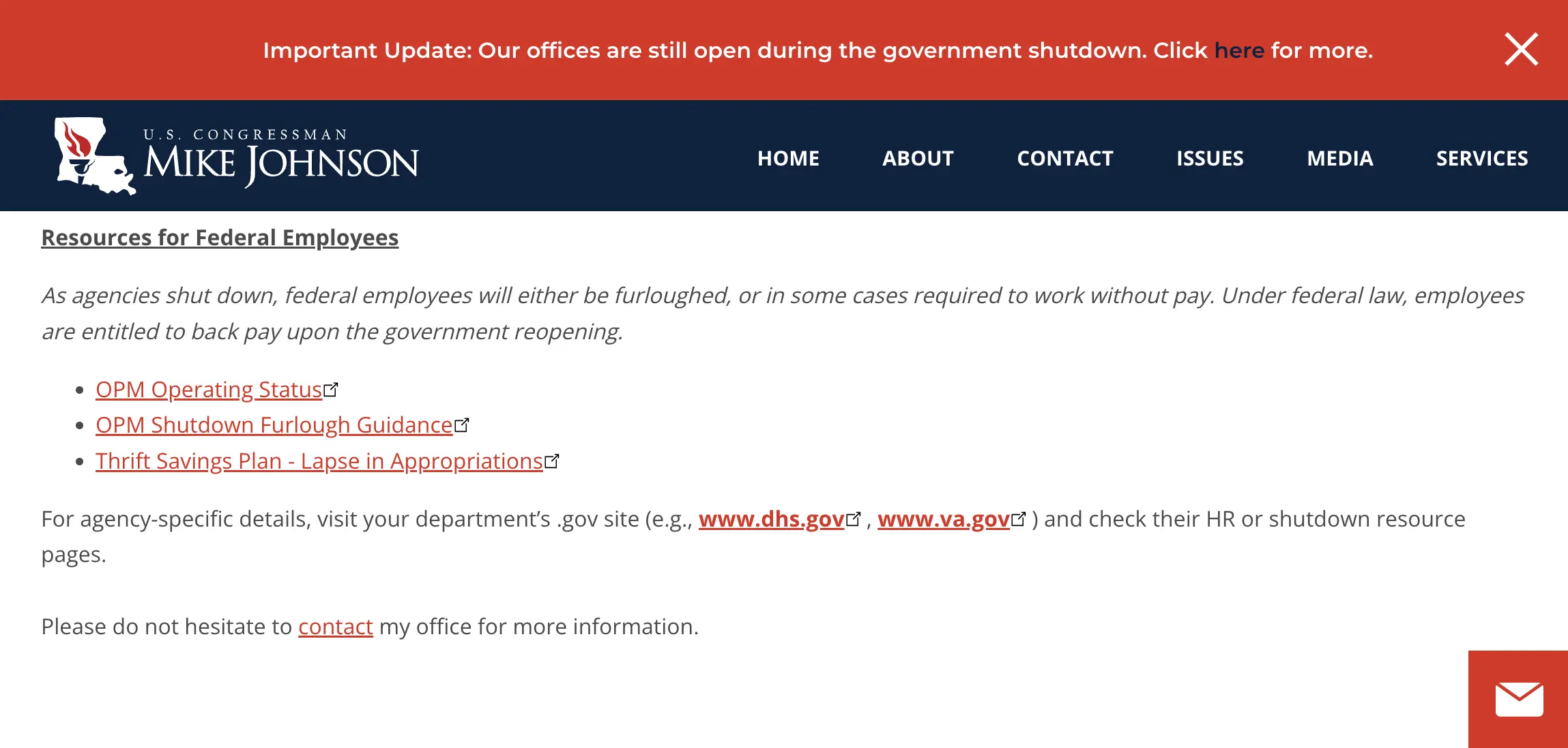 U.S. House Speaker Mike Johnson’s website on Oct. 7, 2025, stating, “Under federal law, employees are entitled to back pay upon the government reopening.” (States Newsroom screenshot)