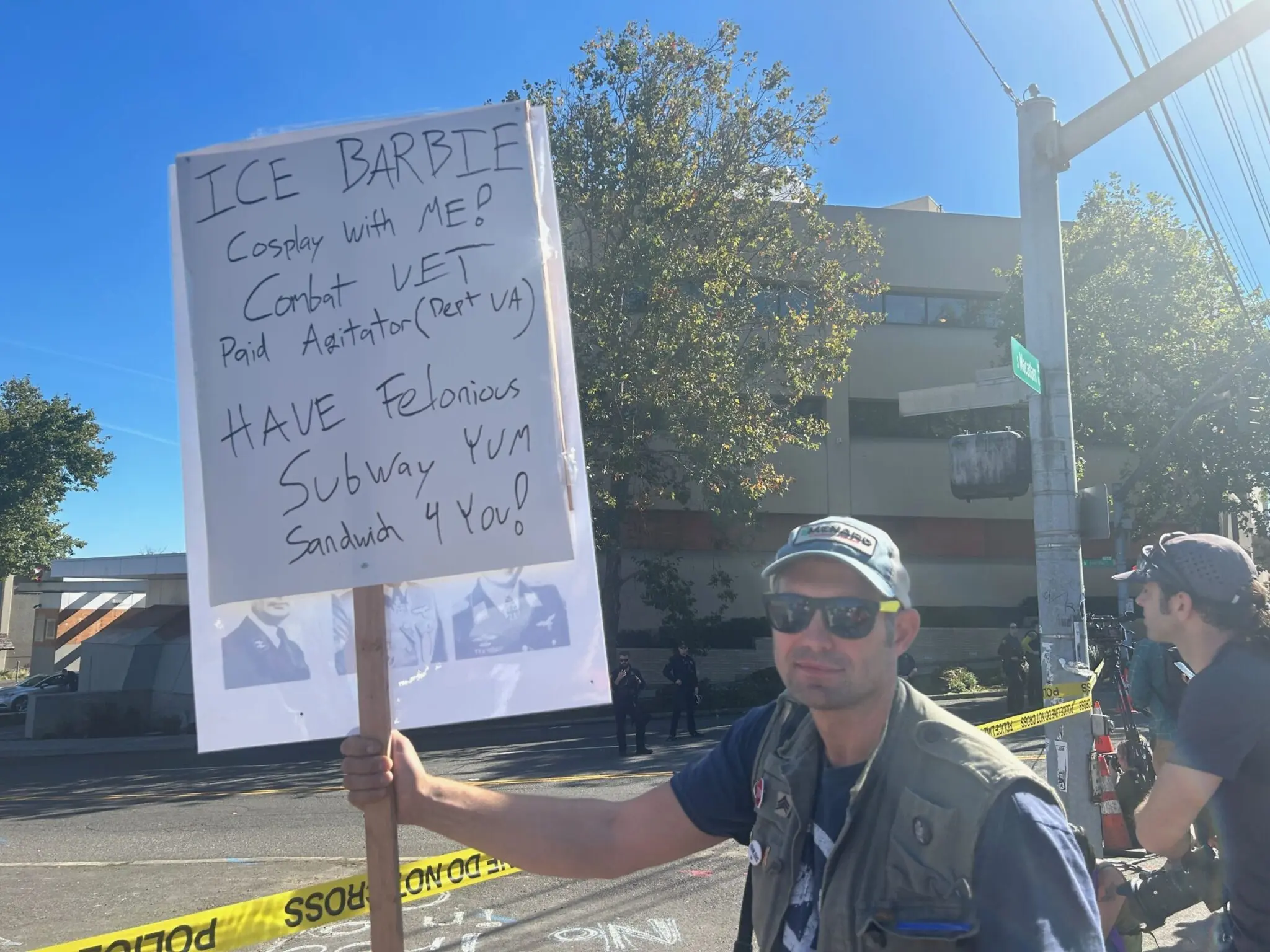 Oregon Army National Guard veteran Noah Mrowczynski joined protesters outside the Portland Immigration and Customs Enforcement facility on Tuesday. (Photo by Alex Baumhardt/Oregon Capital Chronicle)