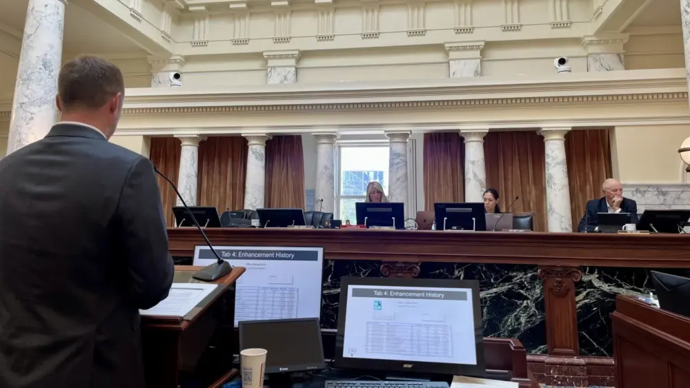 Members of the Idaho Legislature’s Joint Finance-Appropriations Committee listen to a demonstration of a new online budget tool on Tuesday at the Idaho State Capitol. (Photo by Clark Corbin/Idaho Capital Sun)