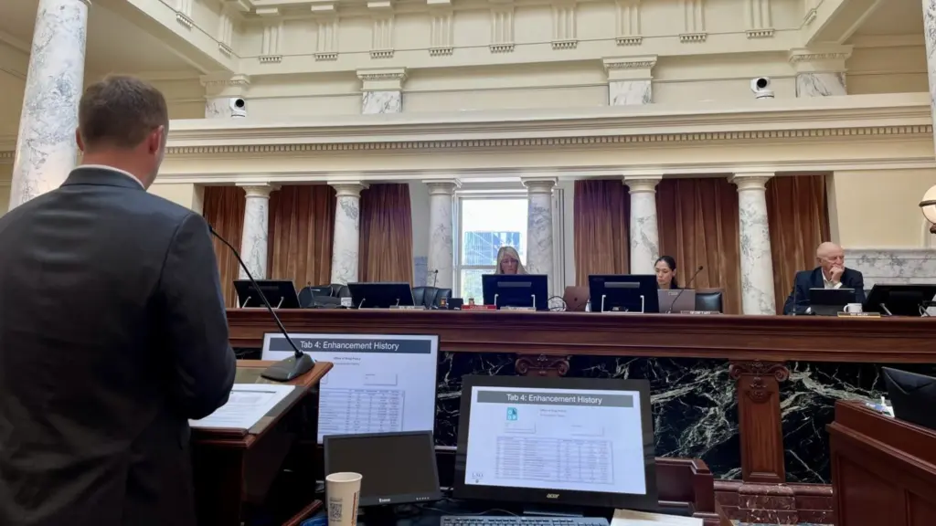 Members of the Idaho Legislature’s Joint Finance-Appropriations Committee listen to a demonstration of a new online budget tool on Tuesday at the Idaho State Capitol. (Photo by Clark Corbin/Idaho Capital Sun)