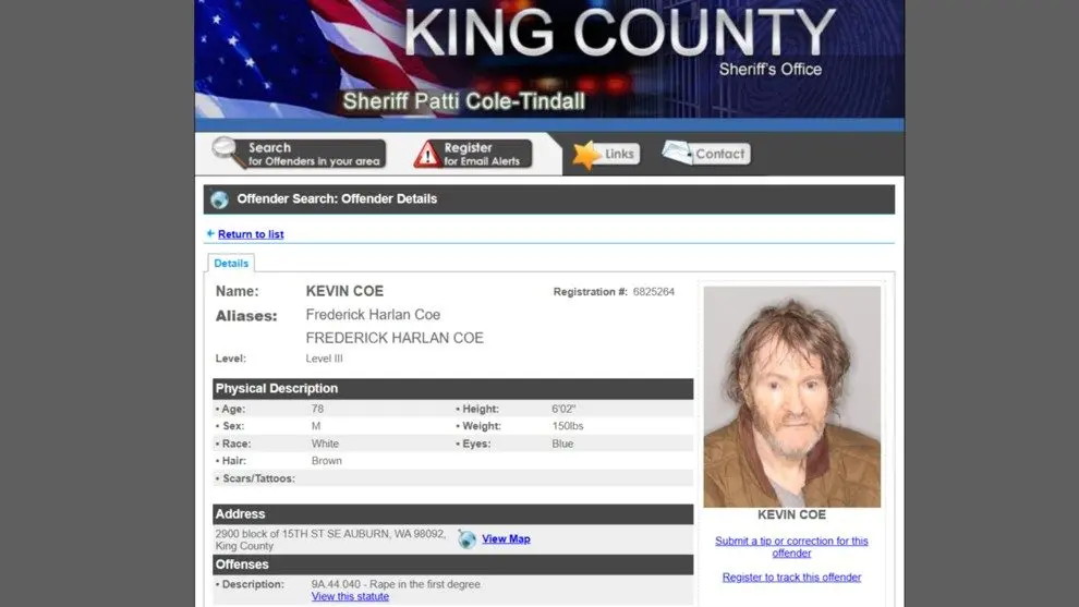 10/8/25 Notorious Spokane South Hill Rapist Kevin Coe released on 10/2/25 to live in Auburn group home. Screenshot from WA Sex Offender Registry