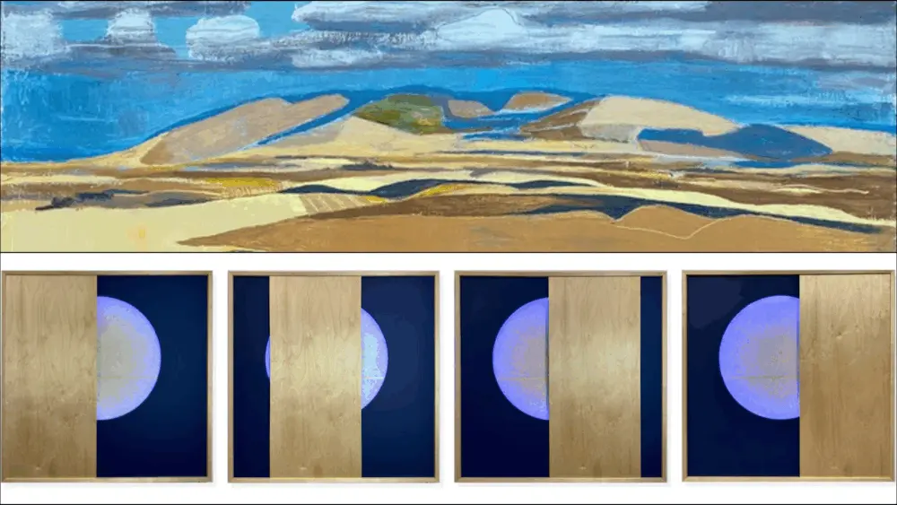 Photo Credit: Artwork by Jean Arnold, Steptoe (oil on linen), and Jill Kyong, Sight [Un]Seen (acrylic on panel, birch, rice paper, acrylic, LED lights, maple frame, osmo top oil).