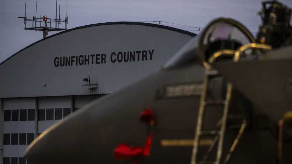 An F-15E Strike Eagle aircraft assigned to the 366th Fighter Wing sits on the flightline at Mountain Home Air Force Base in Idaho on March 5, 2025. (Photo courtesy of Senior Airman Trevor Bell/U.S. Air Force)