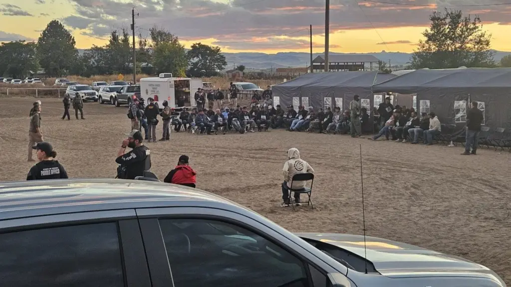 About 200 local, state and federal law enforcement officers helped execute a raid on an alleged illegal horserace gambling operation in Wilder, Idaho, on Oct. 19, 2025. (Photo courtesy of ACLU of Idaho)