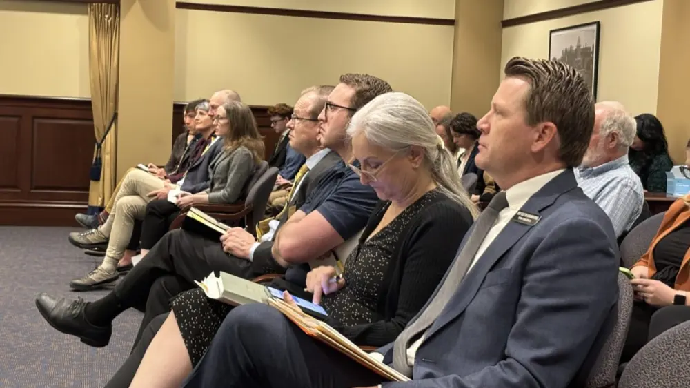 Rep. Dustin Manwaring, R-Pocatello, listens as the House Education Committee debates a bill to scale back Idaho’s WWAMI medical education program during the 2025 legislative session. (Kevin Richert/Idaho EdNews)