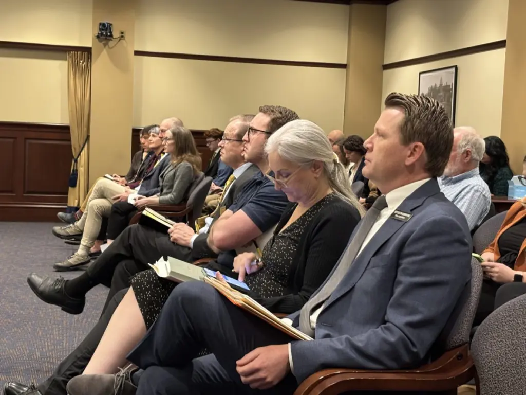 Rep. Dustin Manwaring, R-Pocatello, listens as the House Education Committee debates a bill to scale back Idaho’s WWAMI medical education program during the 2025 legislative session. (Kevin Richert/Idaho EdNews)