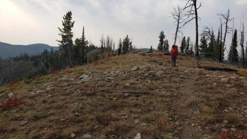 daho Conservation League Communications and Marketing Director Abby Urbanek hikes a section of the Summit Trail dividing the Frank Church-River of No Return Wilderness and the Black Lake Inventoried Roadless Area. Sitting at elevations over 8600 feet, the Stibnite Gold Mine’s proposed Burntlog Route would obliterate over two miles of the Summit Trail and punch seven new miles of road in the eastern section of the 40 mile long industrial haul route. (Photo courtesy of Jeff Abrams/Idaho Conservation League)