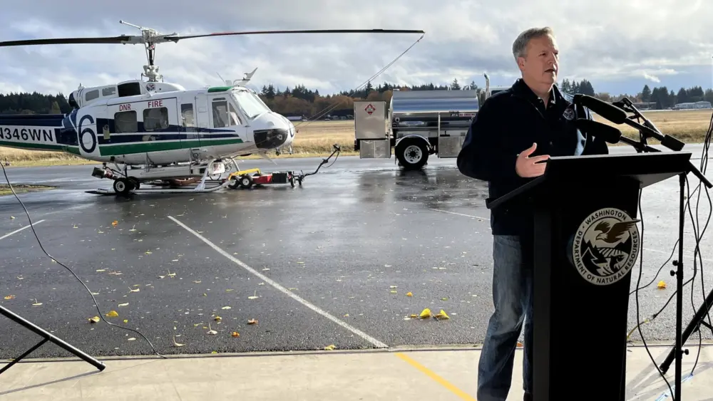 Washington state Commissioner of Public Lands Dave Upthegrove speaks at a press conference on wildfire issues in Tumwater, Wash., on Oct. 27, 2025. (Photo by Bill Lucia/Washington State Standard)