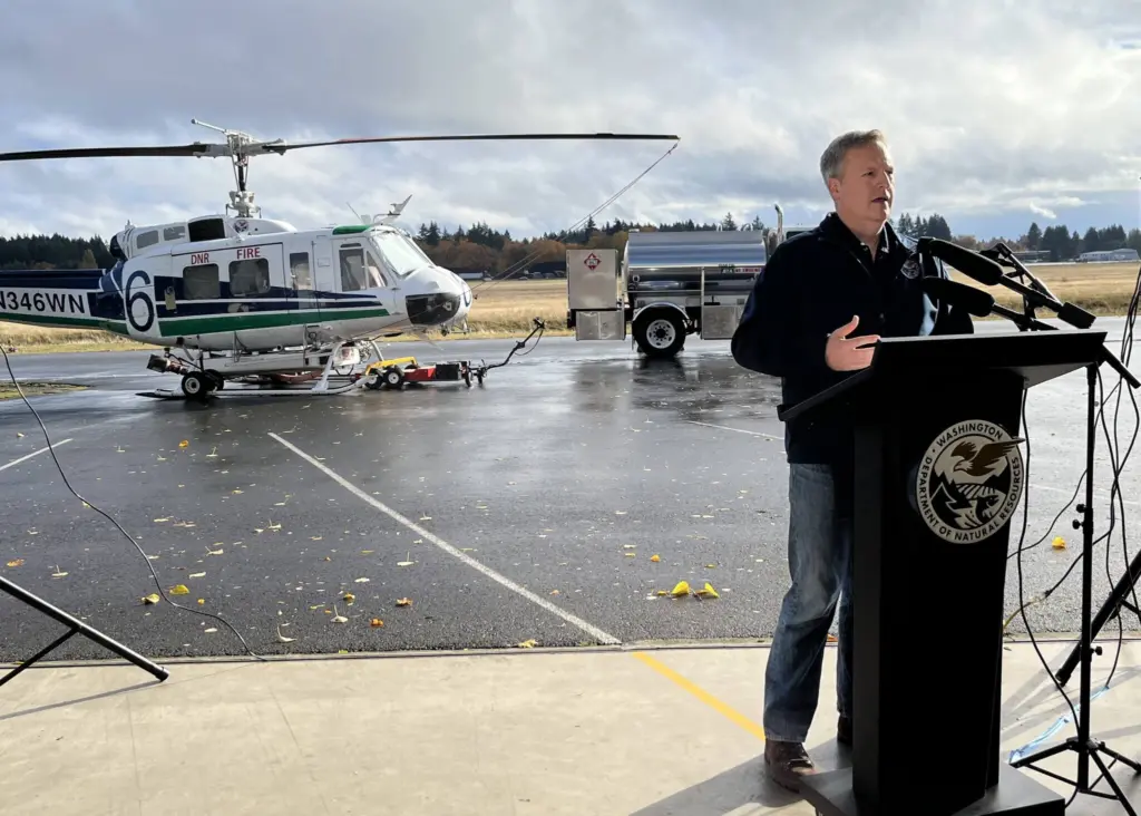 Washington state Commissioner of Public Lands Dave Upthegrove speaks at a press conference on wildfire issues in Tumwater, Wash., on Oct. 27, 2025. (Photo by Bill Lucia/Washington State Standard)