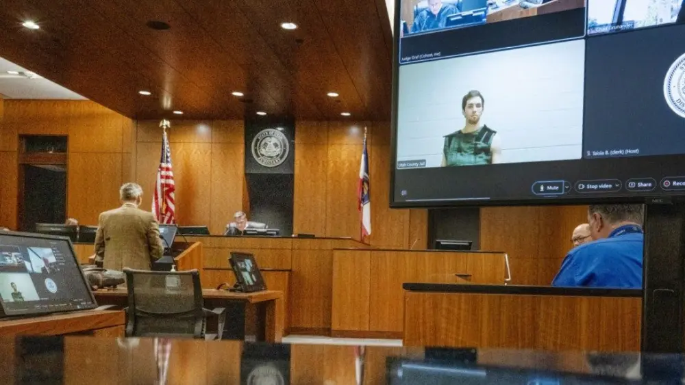 Tyler Robinson, 22, the suspect in the shooting death of Charlie Kirk, appears by camera before Judge Tony Graf of the 4th District Court on Tuesday, Sept. 16, 2025 for or his initial appearance in Provo Utah. (Pool photo by Scott G Winteron/Deseret News)