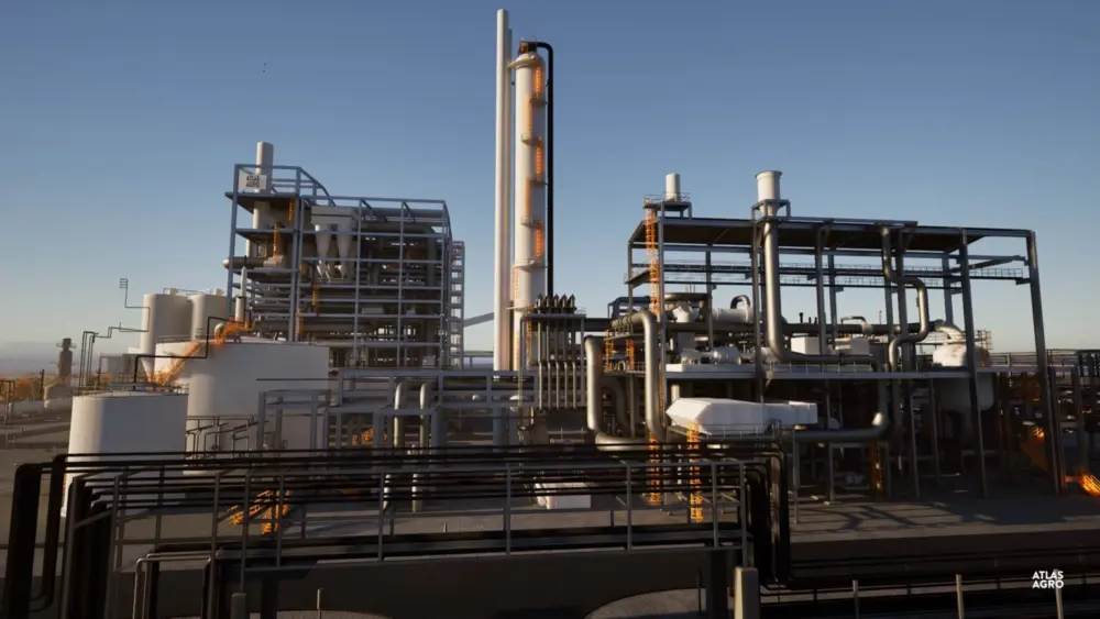 A proposed $1.5 billion green fertilizer factory in Richland, Washington, was the single most pricey component of the terminated Pacific Northwest Hydrogen Hub. The plans for the fertilizer plant are still alive though. (Rendering courtesy of Atlas Agro)