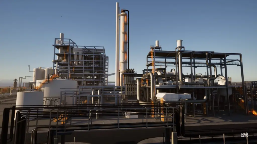 A proposed $1.5 billion green fertilizer factory in Richland, Washington, was the single most pricey component of the terminated Pacific Northwest Hydrogen Hub. The plans for the fertilizer plant are still alive though. (Rendering courtesy of Atlas Agro)