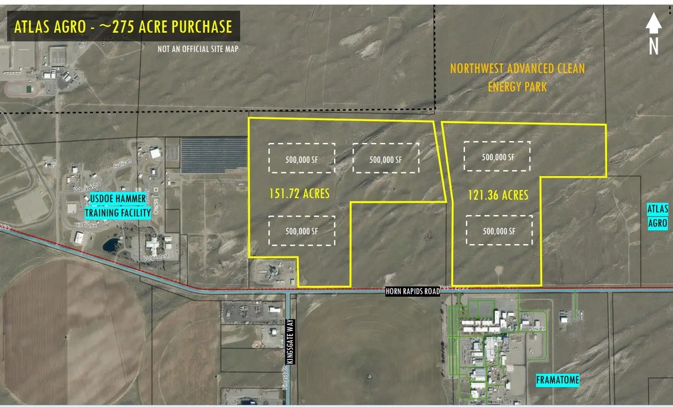 Preliminary site map for the proposed five-building Atlas Agro data center at the northern city limit of Richland, Washington. (Image courtesy of city of Richland)